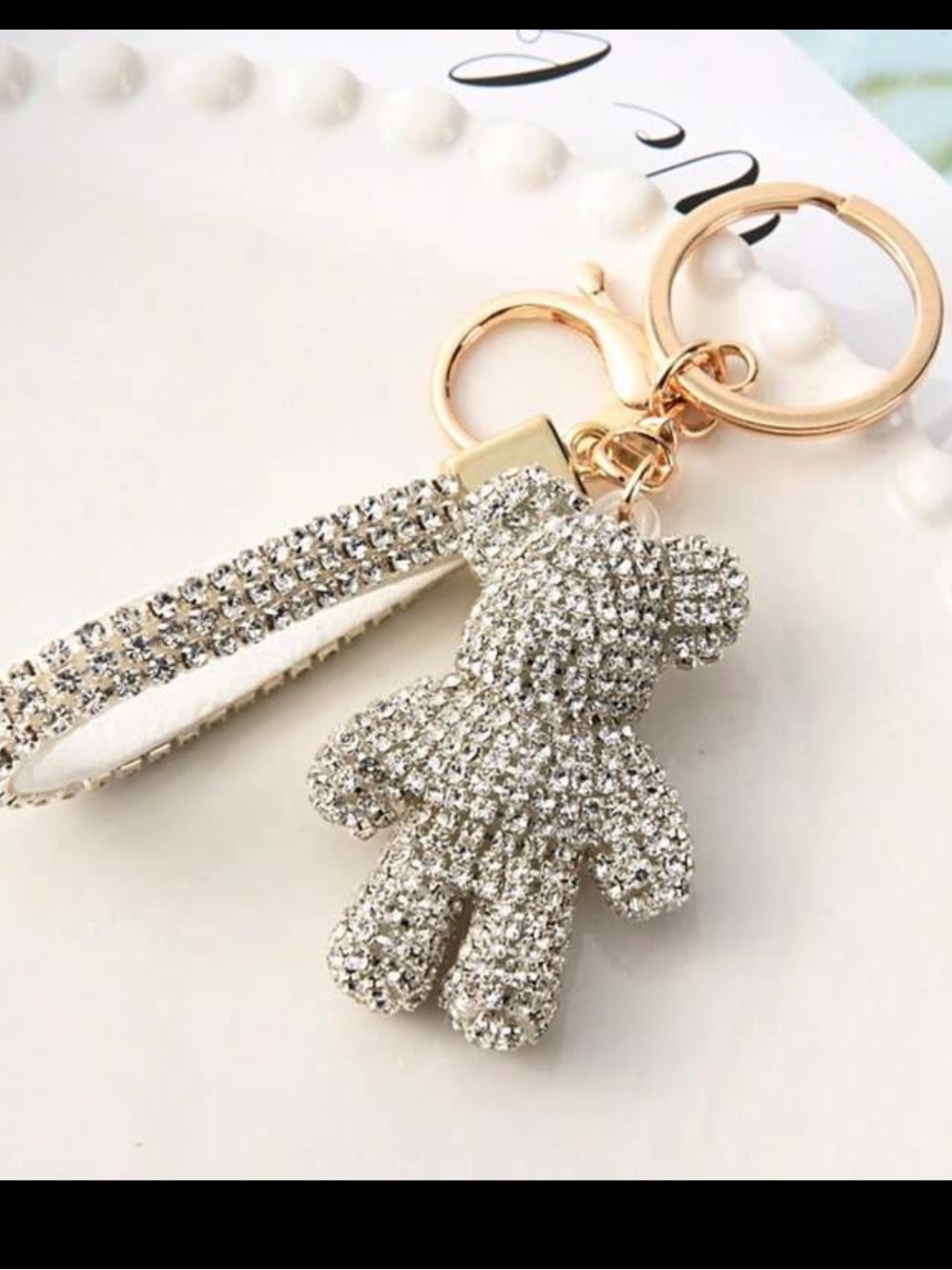 Crystal Teddy Bear Keychain Wristlet - Sparkling Silver